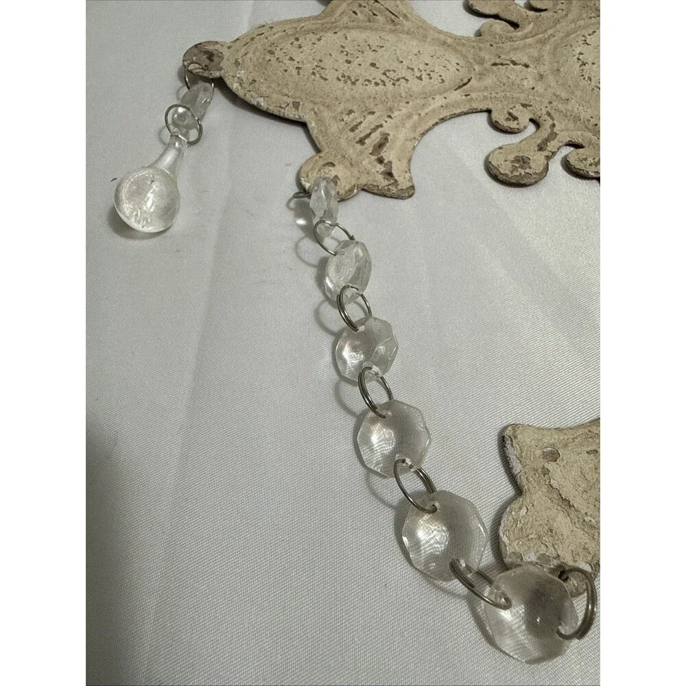 Vintage Metal Cross Decor With Glass Beads Hanging Rustic Off White Flat